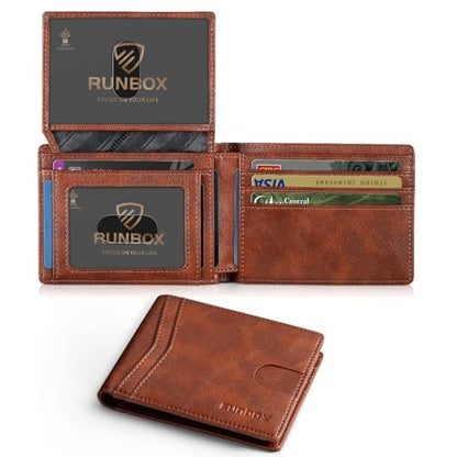 RUNBOX Wallet for Men -Slim Rfid Leather Mens Bifold Novelty Wallets 2 ID Window With Gift Box Men's Accessories - color: RETRO RED BROWN