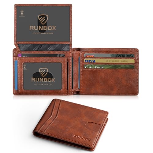 RUNBOX Wallet for Men -Slim Rfid Leather Mens Bifold Novelty Wallets 2 ID Window With Gift Box Men's Accessories - color: RETRO RED BROWN