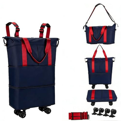 Travel Rolling Duffel Bag with Removable Wheels,Expandable Foldable Carry-On Luggage for Trip or Hospitalization - color: Red&Navy Blue