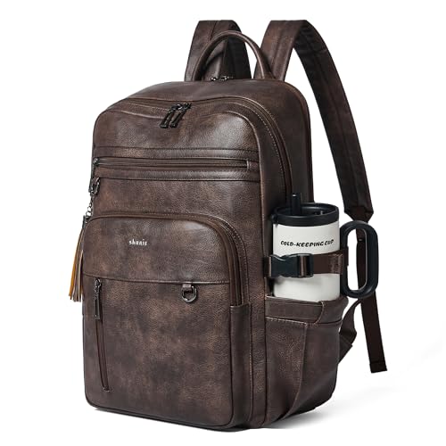 Shrrie 17 Inch Leather Laptop Backpack for Women with Giant Tumbler Holders - color: Chocolate