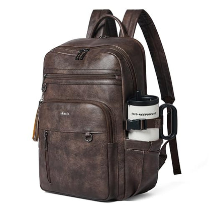 Shrrie 17 Inch Leather Laptop Backpack for Women with Giant Tumbler Holders - color: Chocolate