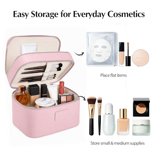 Makeup Case,Leather Double Layer Makeup Bag Duo,Large Portable Travel Toiletry Case Cosmetic Organizer for Women - color: Pink(9.8*7*7.3in)