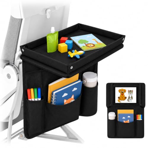 Adjustable Kids Tray Table Cover with Multi Portable Pockets, Airplane Travel Essentials for Kids, Toddlers, Adults, Airplane Must Haves, Plane Travel Essentials, Travel Tray for Plane Train, Black - color: Black