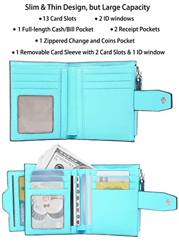 Women's RFID Blocking Leather Small Compact Bi-fold Zipper Pocket Wallet Card Case Purse with id Window - color: Lichee Sea Blue