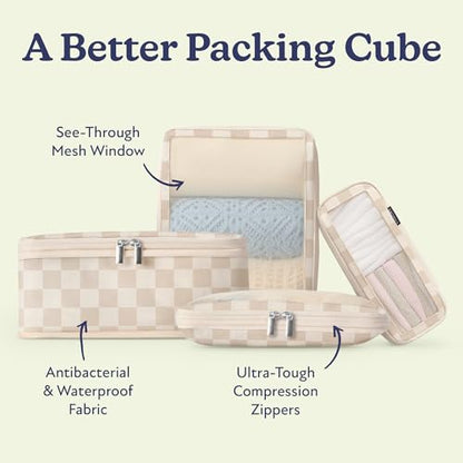 Vandel Compression Packing Cubes for Women, Set with Hanging Toiletry Bag - color: 2. Neutral Checker, size: Deluxe Set (4 Cubes + Toiletry & Laundry Bags)