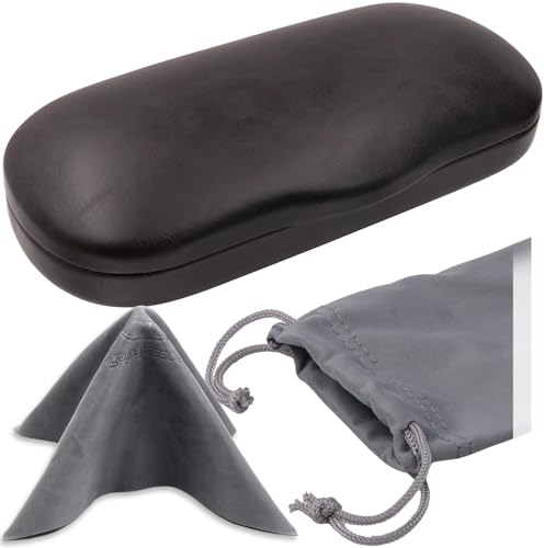 MyEyeglassCase Men's Medium Glasses Case - Classic Eyeglasses Hard Shell Holder, Elegant Easy Open Lip with Pouch and Cloth - color: As196 Dark Grey