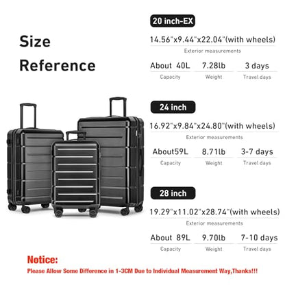KYME Luggage Sets 3 Piece Hardshell 20"/24"/28" Suitcase with Wheels Hardside Suitcase Set with TSA Lock Large Travel Luggage Set for Women Men Black - color: Black, size: 3-Piece Set (20/24/28)
