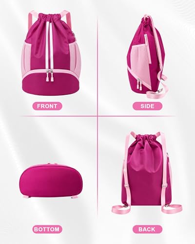 JELUTAR Soccer Bag, Drawstring Soccer Backpack with Shoe Compartment - color: Rose Pink, size: Large