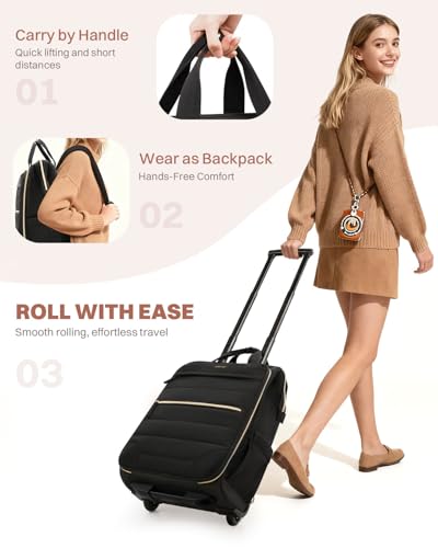 Rolling Puffer Backpack for Women, Travel Backpack with Wheels, 16 Inch Wheeled Laptop Backpck, Dual-Opening Design Overnight College Underseat Carry on Luggage, Roller Business Work Bag, Black - color: Horizontal Quilt Black