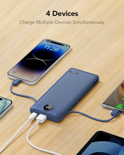 VRURC Portable Charger Built-in Cables and AC Wall Plug, USB C Power Bank 10000mAh, Travel Battery Portable Phone Charger Compact Lightweight External Battery Pack for Smart Phones, Tablets etc-Navy - color: Navy