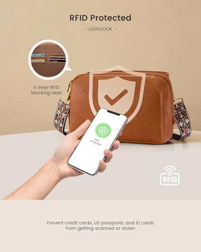 LOVEVOOK Leather Crossbody Bags for Women, Small Travel Purses with 2Pcs Adjustable Strap, RFID Anti Theft - color: Embossed-brown, size: 11.5''-Small-2Pcs