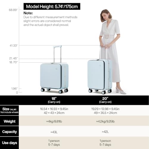 mixi Carry On Luggage, 18” Suitcase with Front Pocket, Travel Luggage Aluminum Frame PC Hardside with Spinner Wheels & TSA Lock and Cover (Not for Underseat), Glacier Blue - color: Glacier Blue, size: 18-inch
