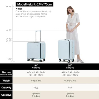mixi Carry On Luggage, 18” Suitcase with Front Pocket, Travel Luggage Aluminum Frame PC Hardside with Spinner Wheels & TSA Lock and Cover (Not for Underseat), Glacier Blue - color: Glacier Blue, size: 18-inch