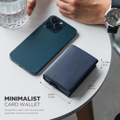 VULKIT Pop up Card Wallet Minimalist Cash Wallets RFID Blocking Leather Smart Credit Card Holder with ID window for Men - color: Top-Grain Cowhide Litchi Navy