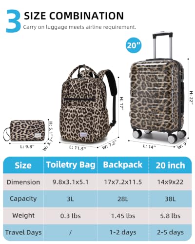 LARVENDER Carry on Luggage Sets 3 Piece, 20" Suitcase with Wheels, Cheetah - color: Cheetah-20BP, size: 3 Piece Set (Backpack/TB/20)