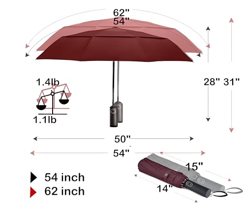 MRTLLOA Compact Golf Umbrella, 10 Ribs Vented Windproof Travel - color: Burgundy, size: 54 Inch