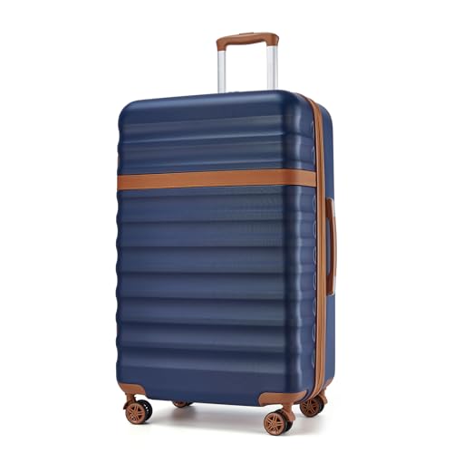 Kono Checked Luggage 28in Expandable Hardside TSA Lock Navy - color: Navy/Brown, size: Checked-large 28-inch