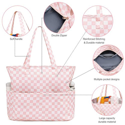 Bluboon Waterproof Beach Tote Pool Bags for Women Ladies Extra Large Carry On Bag With Wet Compartment for Weekender Travel - color: Checked Pink White