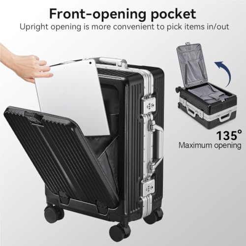 24 Inch Aluminum Frame Luggage with Front Pocket, Black - color: Black, size: 24 Inch