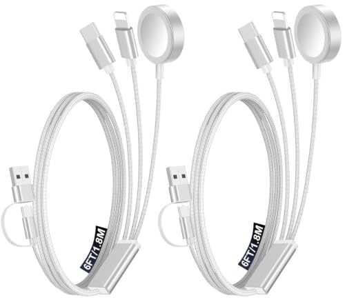 2Pack Travel Essentials for Apple Watch Charger,3-in-2 Multi Charging Cable - color: White, size: 2Pack-6 FT