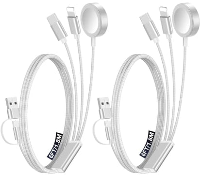 2Pack Travel Essentials for Apple Watch Charger,3-in-2 Multi Charging Cable - color: White, size: 2Pack-6 FT