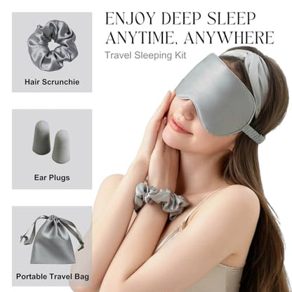 Silver Sleep Eye Mask, Blackout Silk Satin Travel Blindfold Set Women - color: Silvergrey