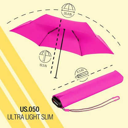 Knirps US.050 Ultra Light Pocket Size Manual Rain Umbrella with Carrying Case - color: Neon Pink