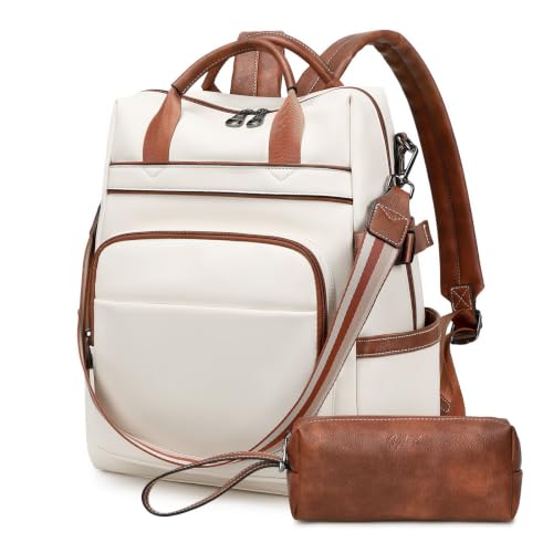AGLOD Vegan PU Leather 15.6 Inch Laptop Backpack Purse for Women with Top Handle - color: Ks09-beige-brown-new