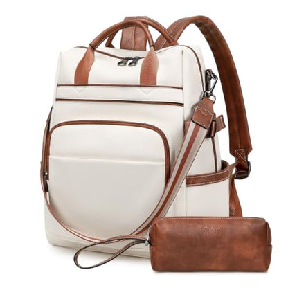 AGLOD Vegan PU Leather 15.6 Inch Laptop Backpack Purse for Women with Top Handle - color: Ks09-beige-brown-new