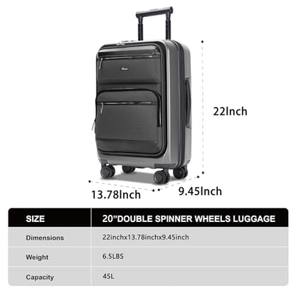 20 Inch Softside Suitcase with Spinner wheels, Carry on Luggage with & USB Port,Hybrid Soft Front & Hard Shell Large Checked Luggage with TSA Lock, Grey - color: Grey, size: 20 Inch