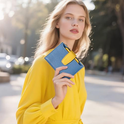 Airkit Small Wallet Women RFID Blocking Soft Leather Bifold Compact Card Holder Wallet for Women with Zipper Coin Pocket 4 ID Window - color: Colorblock - Blue/Yellow