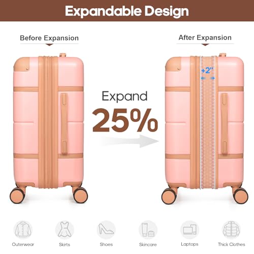 Expandable Carry On Luggage Set, 20In PC Hardside Suitcase with Backpack - color: Pink