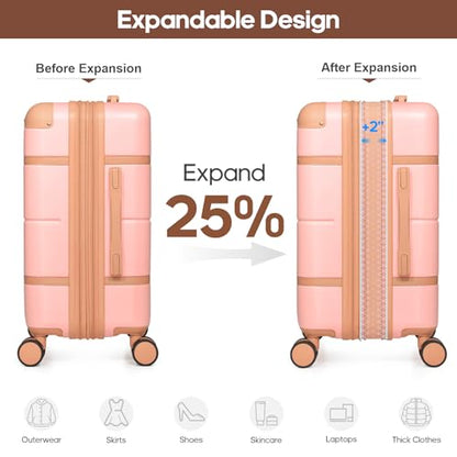Expandable Carry On Luggage Set, 20In PC Hardside Suitcase with Backpack - color: Pink
