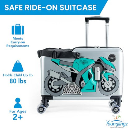 Younglingz LIL FLYER GO Version 2 Ride On Suitcase for Kids | Carry On Luggage with Toddler Seat, Foldable Handlebars, Pedals, and Removable Wheels | Holds up to 80 lbs | Green Motorcycle | Ages 2-6 - color: Green Motorcycle V2