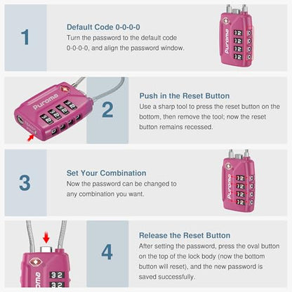 Puroma 2 Pack TSA Approved Luggage Locks 4 Digit Code Cable Lock Pink Dark - color: Basic Pink Dark