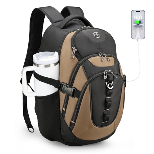 Swissdigital Design Laptop Backpack with USB Charging Port, Travel Backpack Fits 15.6-Inch Computer, 31L College School Backpack for Men, Tan/Black | SD803-34 - color: Tan/Black