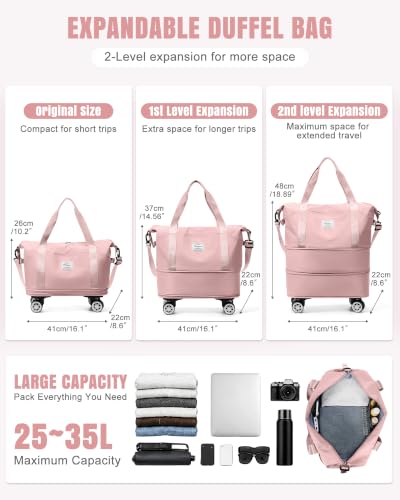 Rolling Duffle Bag with Wheels Expandable Travel Bag with Pump Pink - color: F5-Pink