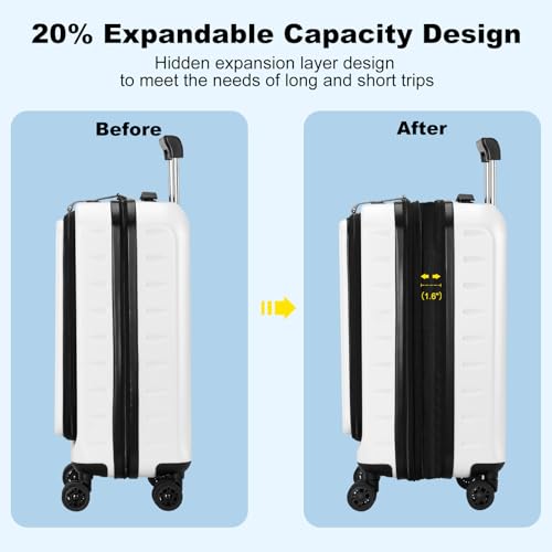 CENSIEN Expandable 20" Carry On Luggage Airline Approved with Front Pocket - color: White, size: 20 Inch EXT