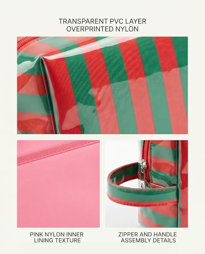 LETGO Preppy Pink Green Stripe Sunscreen Bag Clear Makeup Toiletry Pouch Beach Vacation Essentials for Women Teen Girls Trip Gifts Summer Pool Travel Must Have Accessories(Stripe-Pink Green) - color: Stripe-Pink Green
