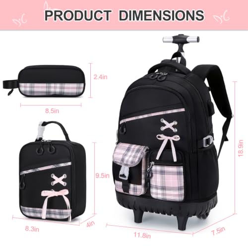 DIGOBAY Rolling Backpack for Girls with Lunch Bag & Pencil Case - color: Blackpink
