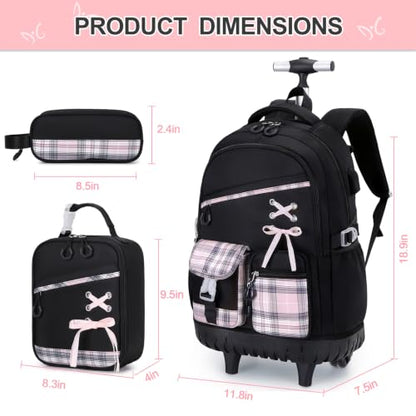 DIGOBAY Rolling Backpack for Girls with Lunch Bag & Pencil Case - color: Blackpink