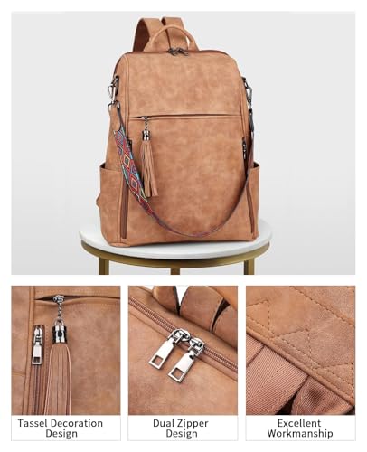 FADEON Leather Laptop Backpack for Women, 15.6 inch, Travel Work Bag - color: 2 Camel Brown Nubuck Style