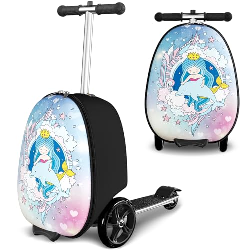 Baotree Scooter Suitcase for Kids, 2 in 1 Ride-on Luggage with Flash PU Wheels, Adjustable Handle & TPR Non-Slip Grip, Foldable & Lightweight, Ages 5-12 - color: Light Blue
