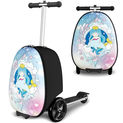 Baotree Scooter Suitcase for Kids, 2 in 1 Ride-on Luggage with Flash PU Wheels, Adjustable Handle & TPR Non-Slip Grip, Foldable & Lightweight, Ages 5-12 - color: Light Blue