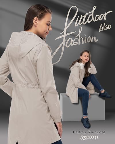 33,000ft Women's Waterproof Long Rain Coats Packable Rain Jacket with Hood - color: Beige, size: X-Small