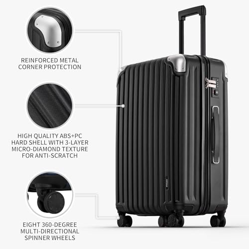 LEVEL8 Grace Luggage, 28 Inch Hardside Suitcase, Abs+Pc Harshell Spinner Luggage with Tsa Lock, Spinner Wheels, Black, 28 Inch - color: Black, size: 28 Inch