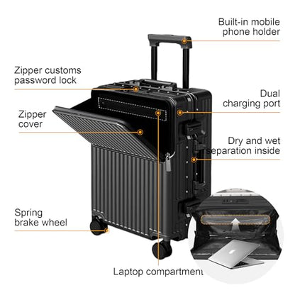 2-Piece Hardshell Zipperless Luggage Set, 20/26" Aluminum Frame Hardshell Spinner Luggage, Airline Approved Carry-On Luggage, TSA Lock, 360° Quiet Wheels With Cup Holder (Black) - color: Black
