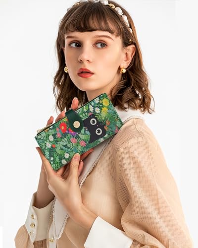 Cat Floral Women's Wallet,Thin RFID Card Holder with Zipper Pocket - color: Cat, size: Bifold