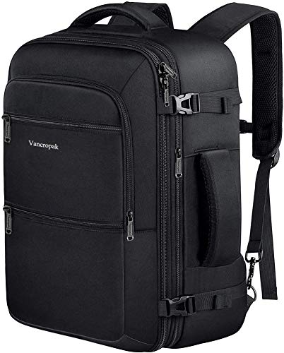 Vancropak 휴대용 백팩 40L 확장 가능한 여행용 백팩 수하물 여행 가방 | 비행 승인 엑스트라 라지 여행 가방, 출장, 대학, 주말 여행 및 일상 사용을 위한 비즈니스 위켄더 데이팩 - color: A-블랙, size: XL