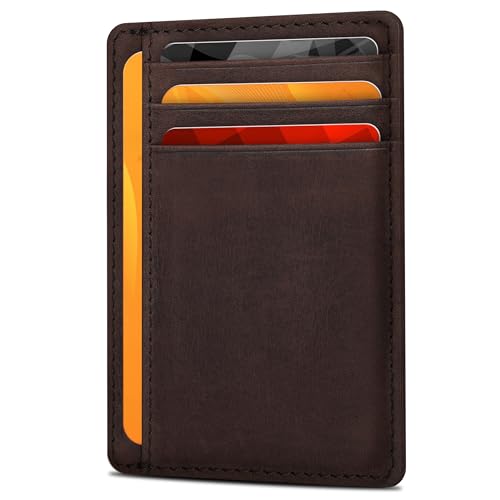 Slim Leather Wallet for Men and Women - RFID Blocking Card Holder Compact - color: Dark Brown